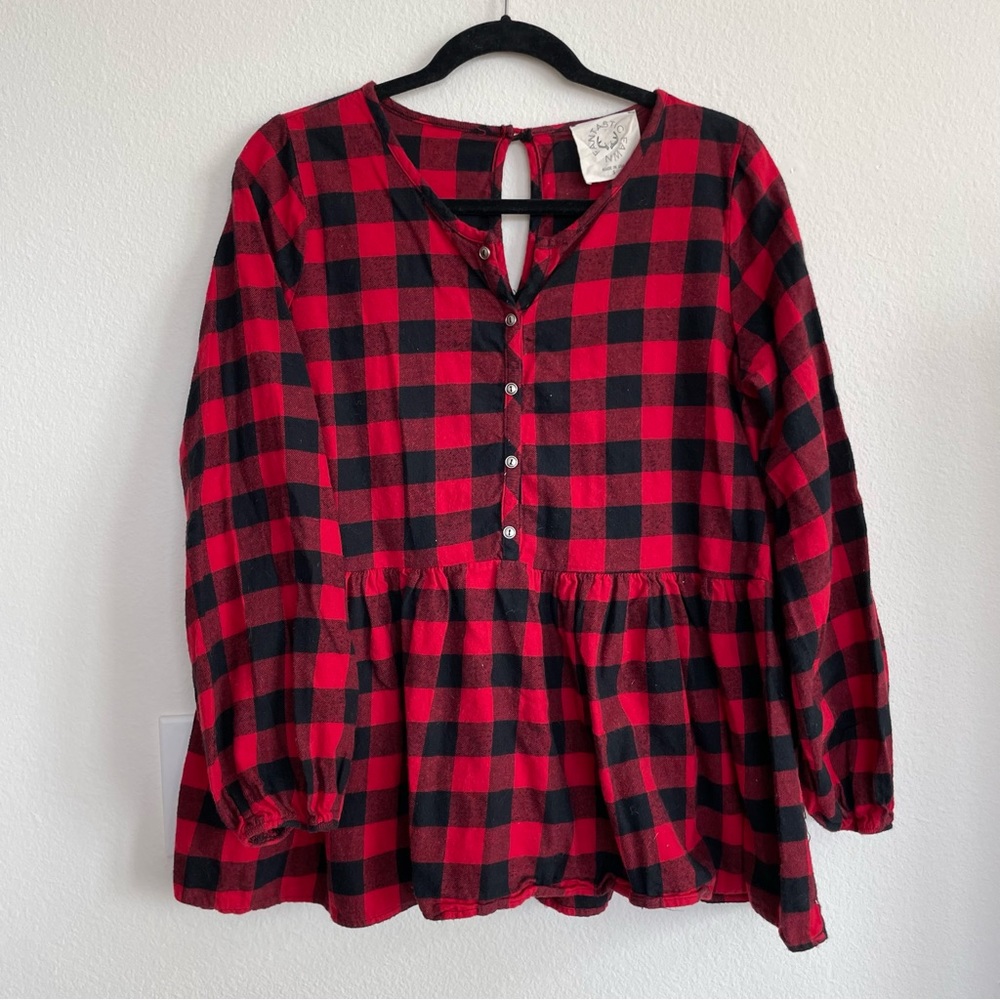 Fantastic Fawn 100% Cotton Flannel Black & Red Button Down Shirt Ruffle Blouse